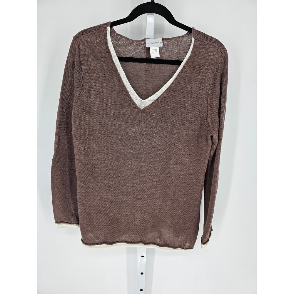 Soft Surrounding Women's V-neck Brown White Neckline Linen Top Size L